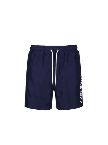 Men's navy swim shorts with drawstring waistband.