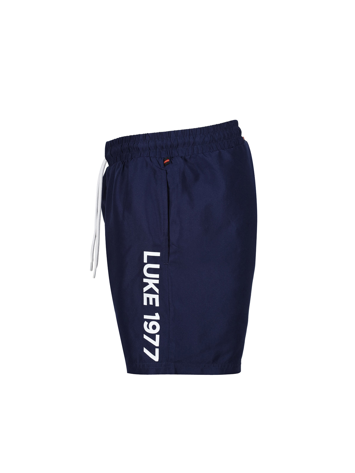 Men's navy swim shorts with drawstring waistband.