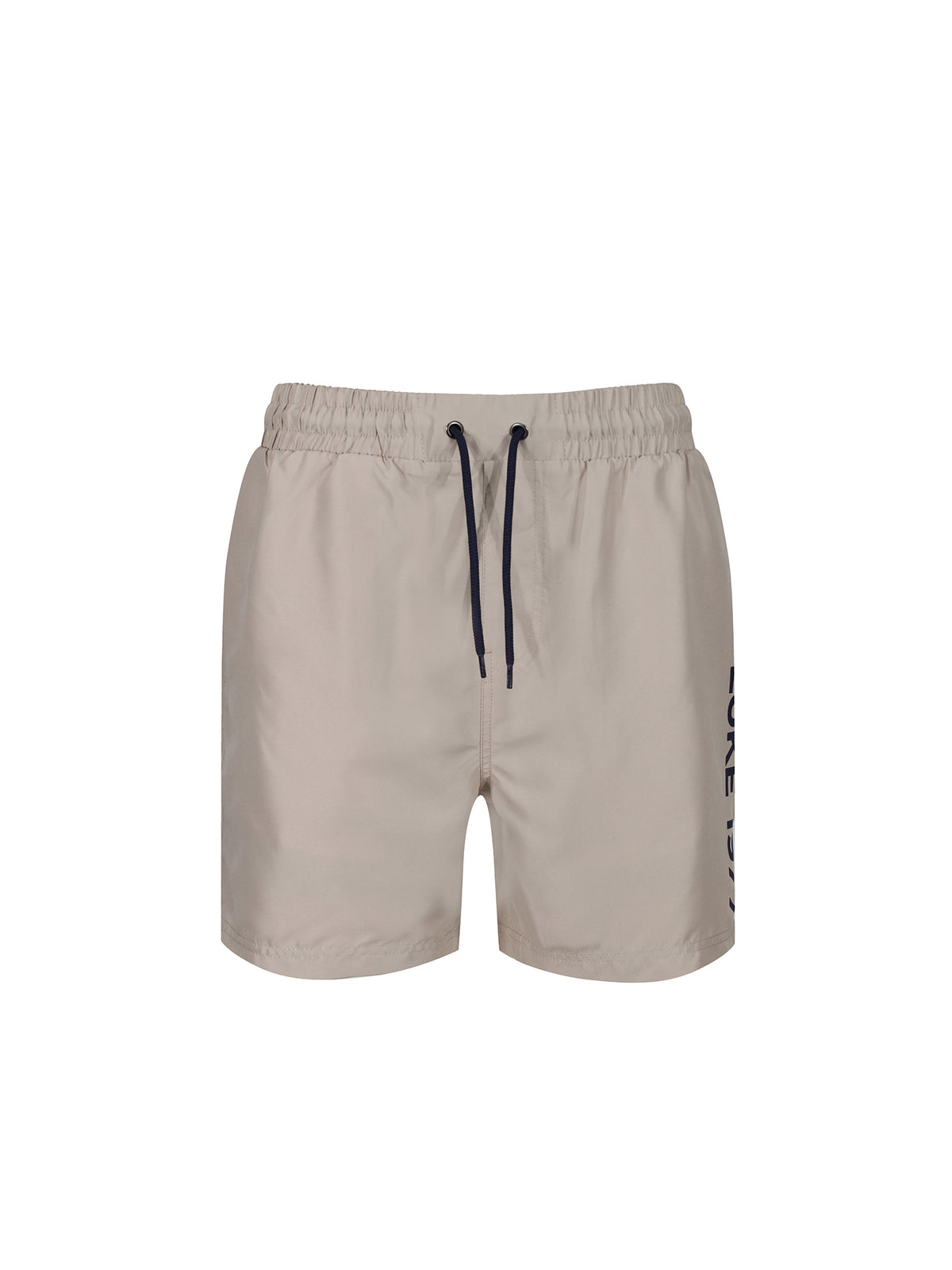 Men's beige swim shorts with drawstring waistband.
