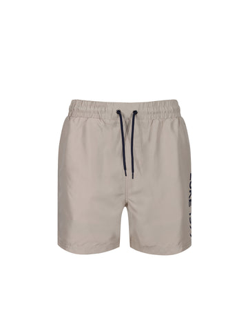 Men's beige swim shorts with drawstring waistband.