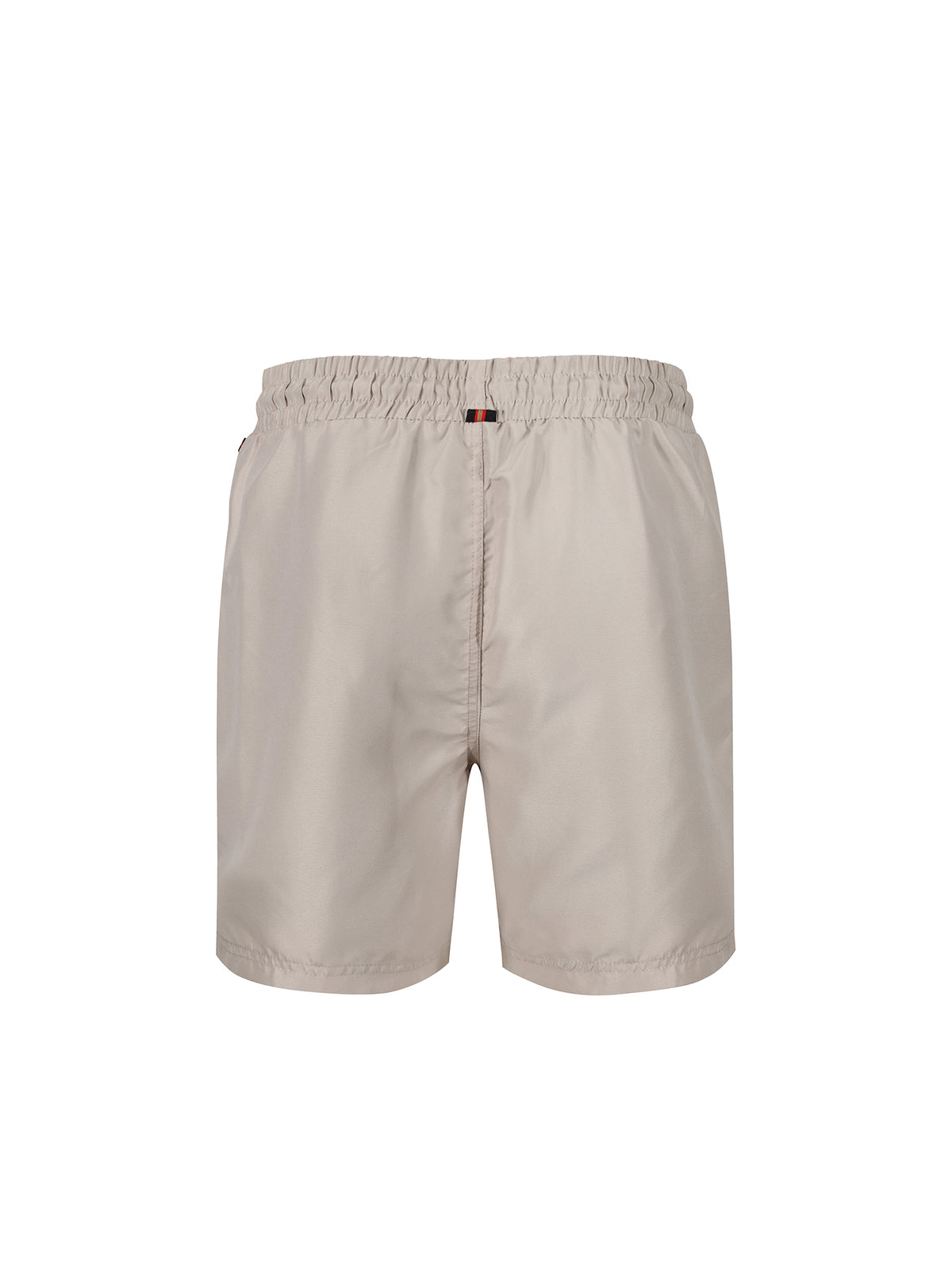 Men's beige swim shorts with drawstring waistband.