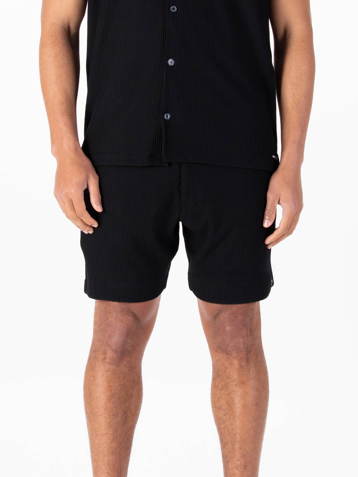 Men's black shorts with drawstring waistband.