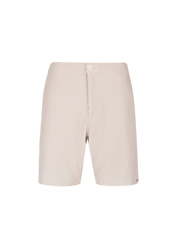 Men's beige shorts with drawstring waistband, front view