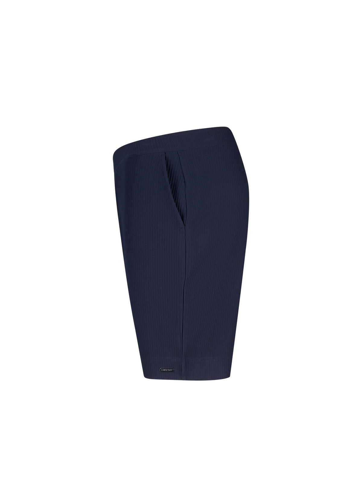 Men's navy shorts with drawstring waistband, side view