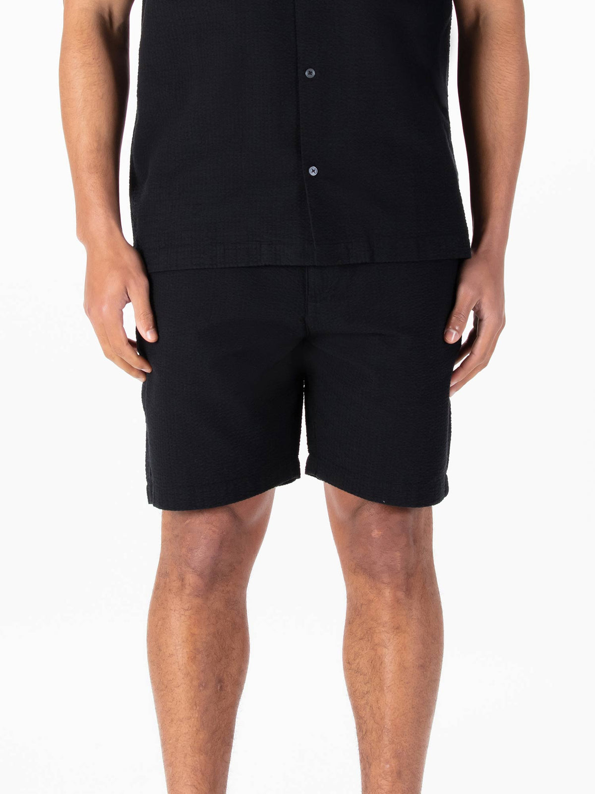 Men's black shorts with drawstring waistband.