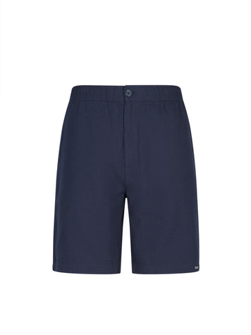 Men's navy shorts with drawstring waistband, front view