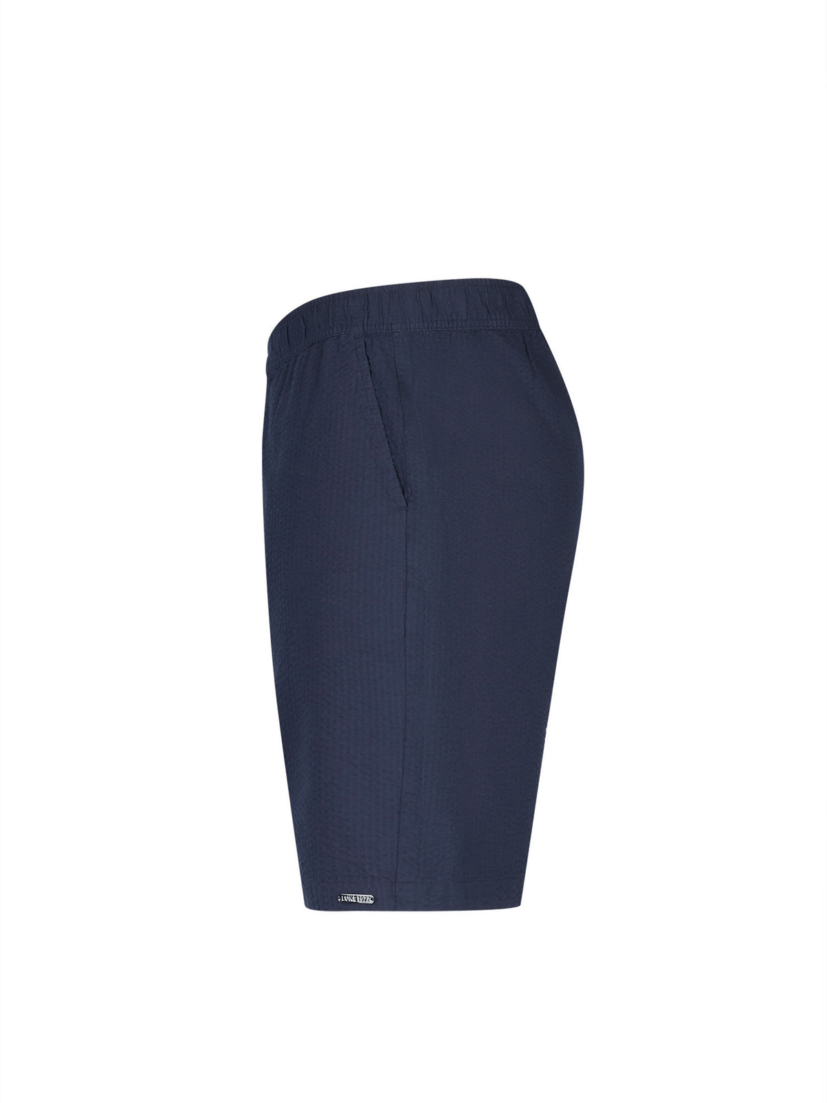 Men's navy shorts with drawstring waistband, side view