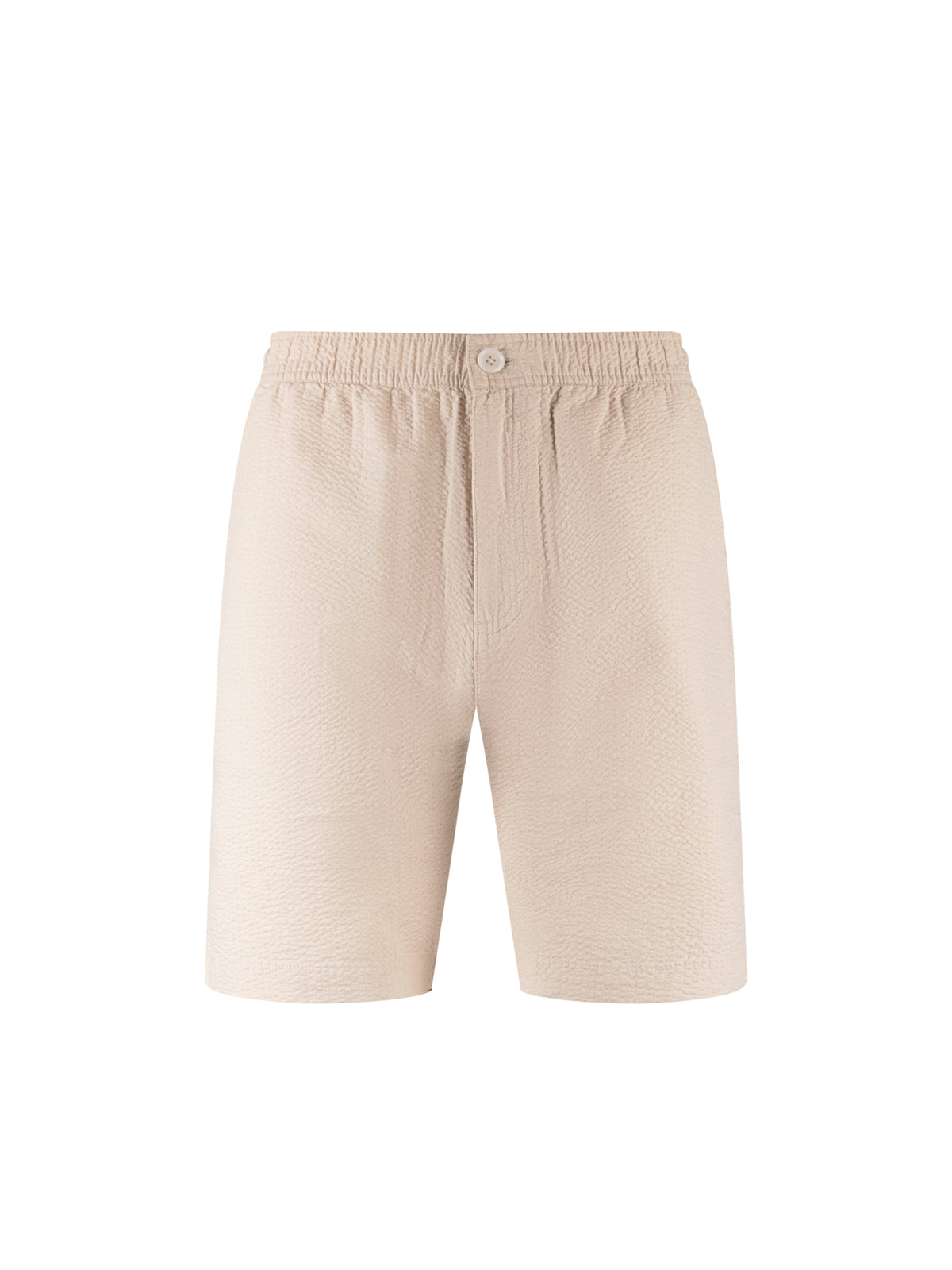 Men's beige shorts with drawstring waistband.