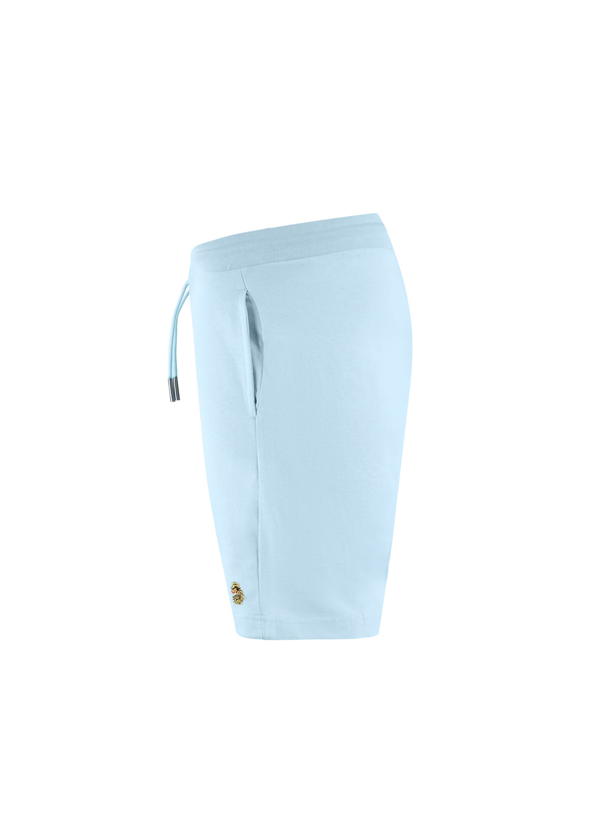 Men's blue-1 shorts with drawstring waistband, worn by a model, side view