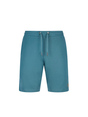 Men's blue shorts with drawstring waistband, worn by a model, front view