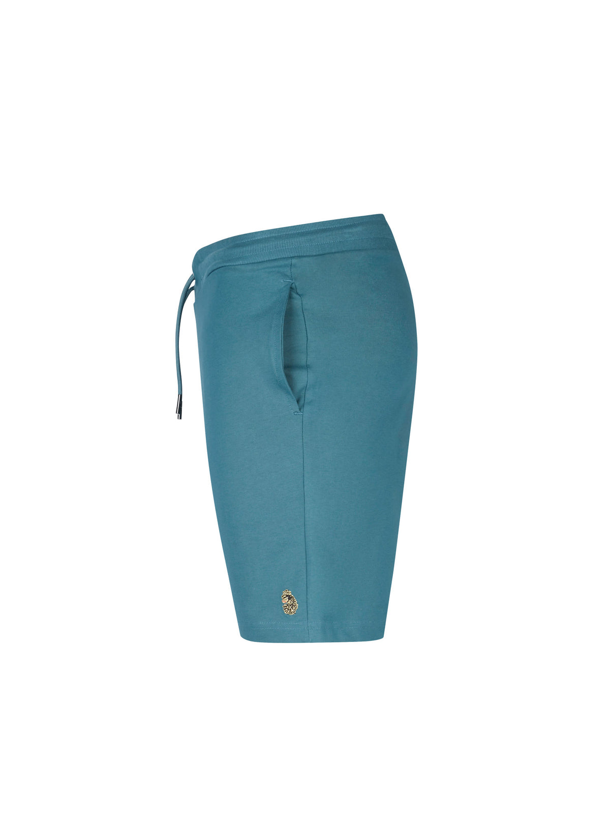 Men's blue shorts with drawstring waistband, side view