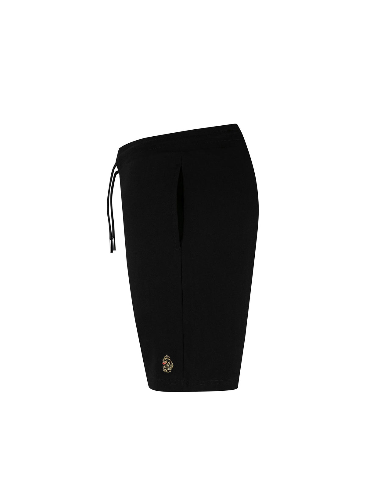 Men's black shorts with drawstring waistband, side view