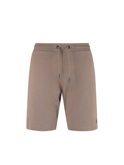 Men's brown shorts with drawstring waistband, front view