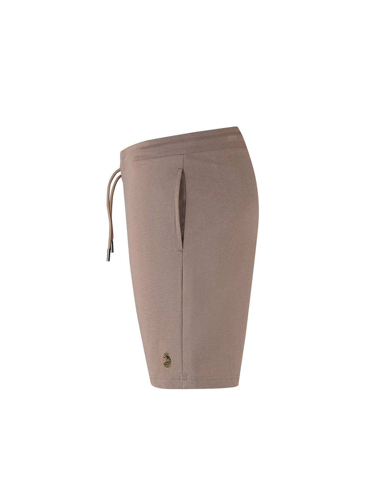Men's brown shorts with drawstring waistband, worn by a model, side view