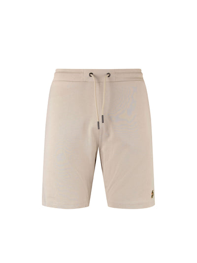 Men's beige shorts with drawstring waistband, front view
