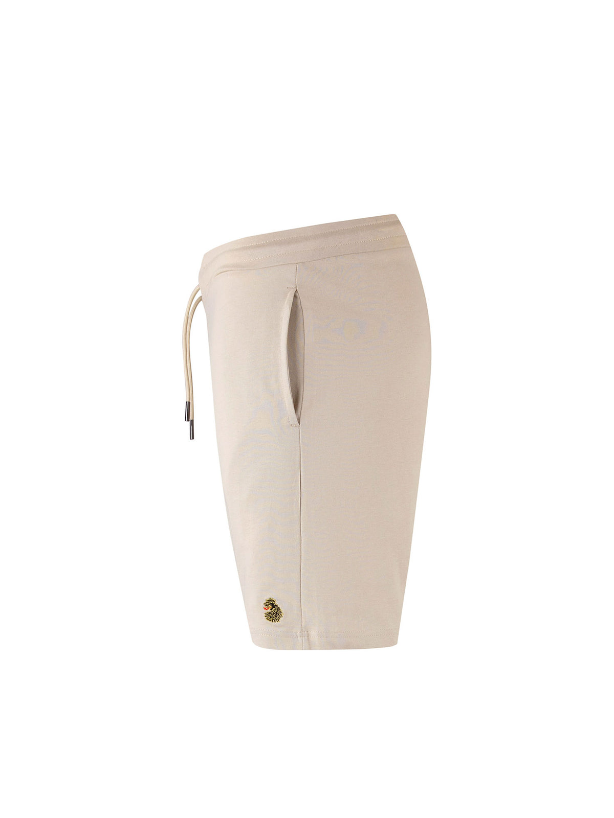 Men's beige shorts with drawstring waistband, side view