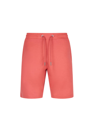 Men's red shorts with drawstring waistband, front view