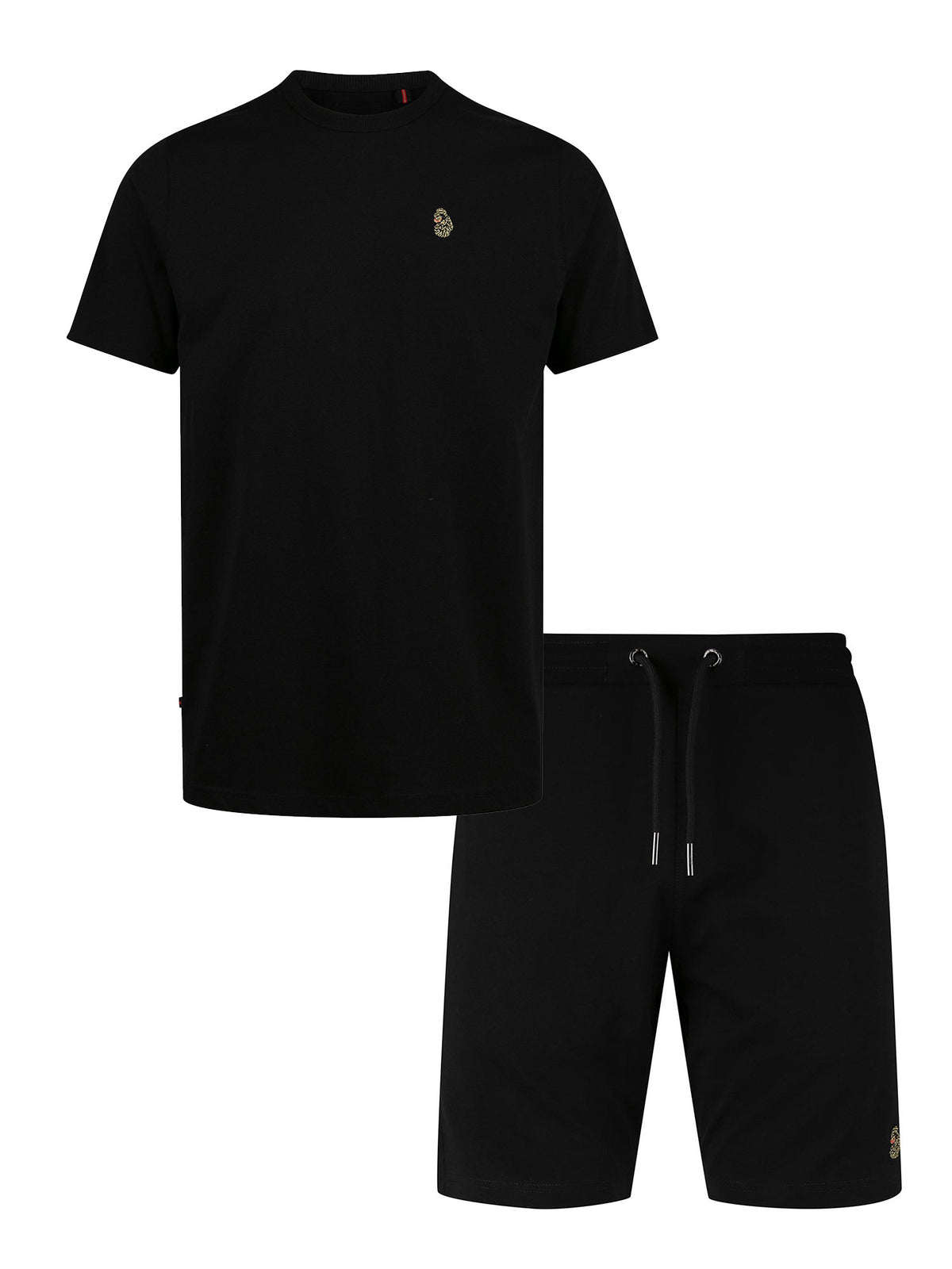 Men's black short set with short-sleeve shirt and drawstring shorts, front view