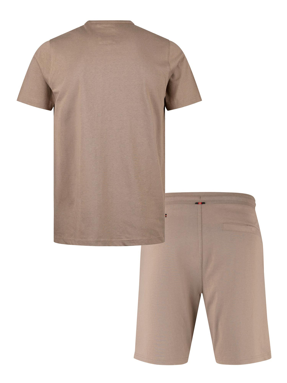 Men's brown short set with short-sleeve shirt and drawstring shorts, back view.