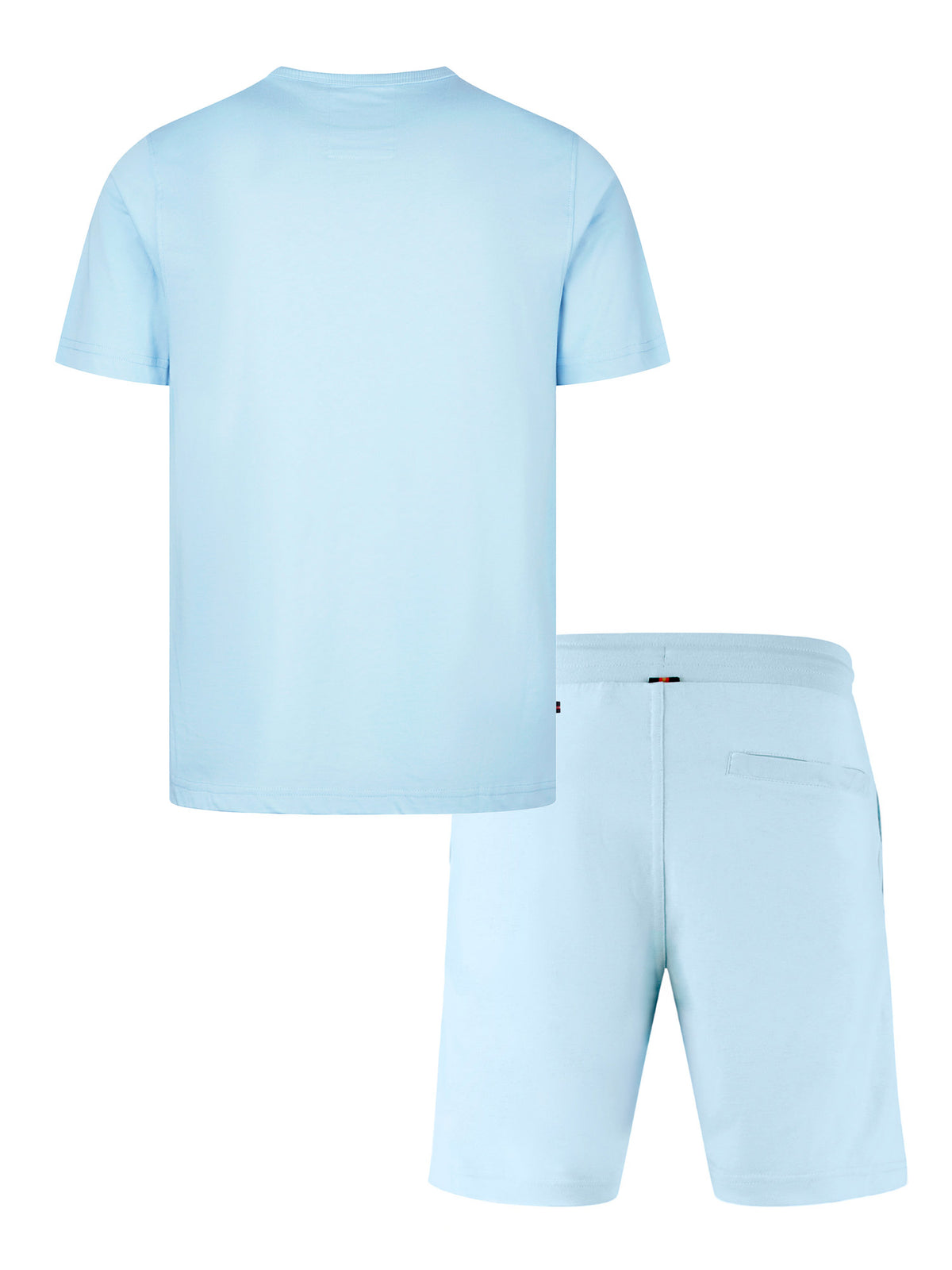 Men's blue-1 short set with short-sleeve shirt and drawstring shorts, back view.