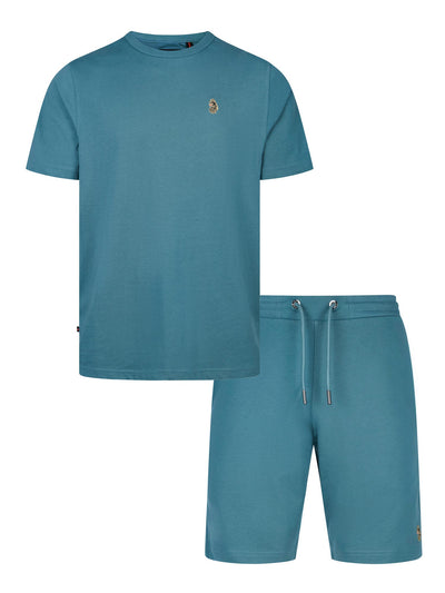 Men's blue short set with short-sleeve shirt and drawstring shorts, front view