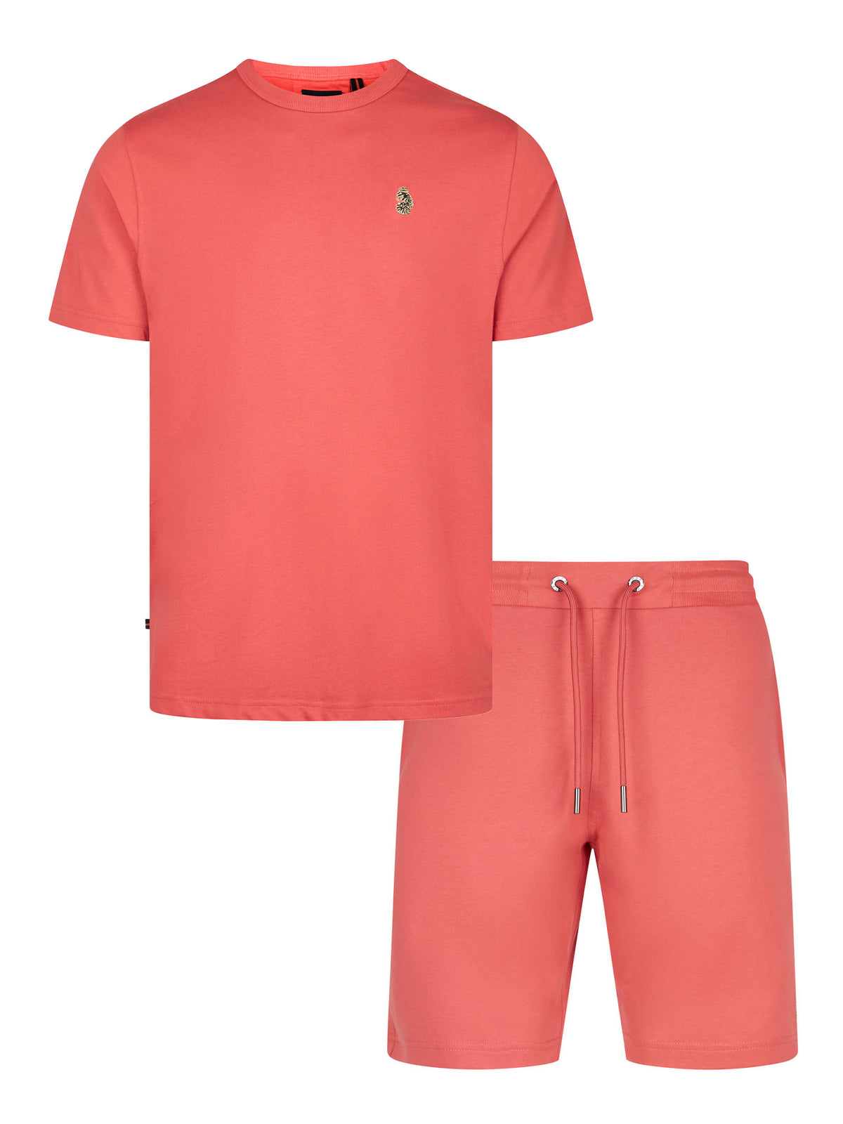 Men's red short set with short-sleeve shirt and drawstring shorts, front view