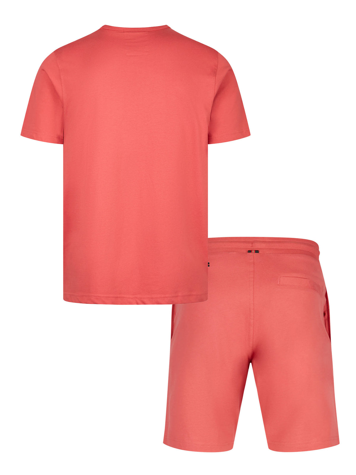 Men's red short set with short-sleeve shirt and drawstring shorts, back view.