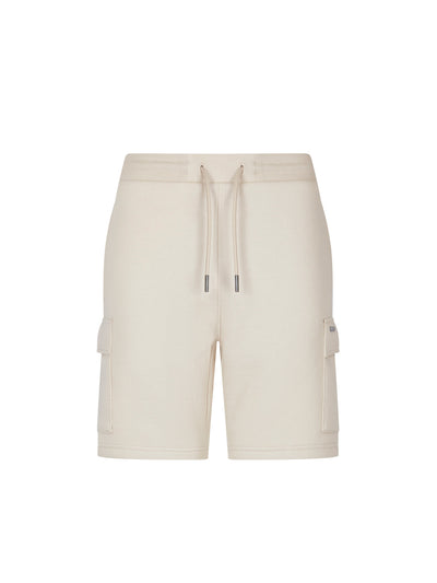 Men's beige shorts with elasticated waistband and cargo pockets, front view