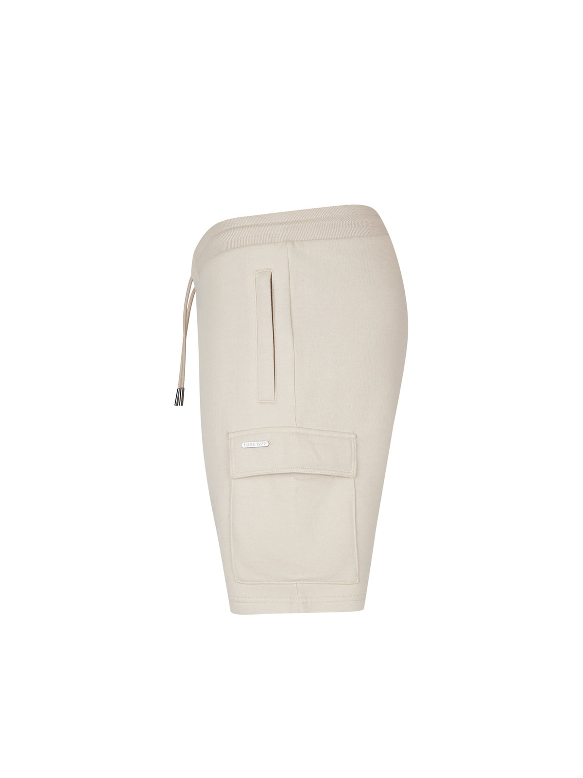 Men's beige shorts with elasticated waistband and cargo pockets, side view