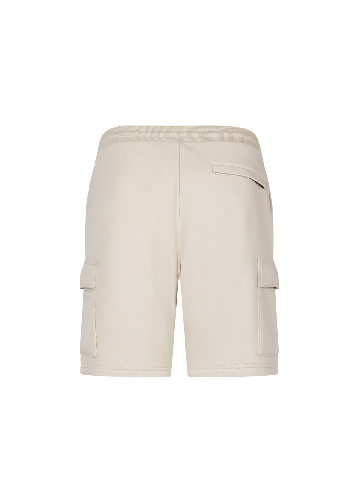 Men's beige shorts with elasticated waistband and cargo pockets, back view