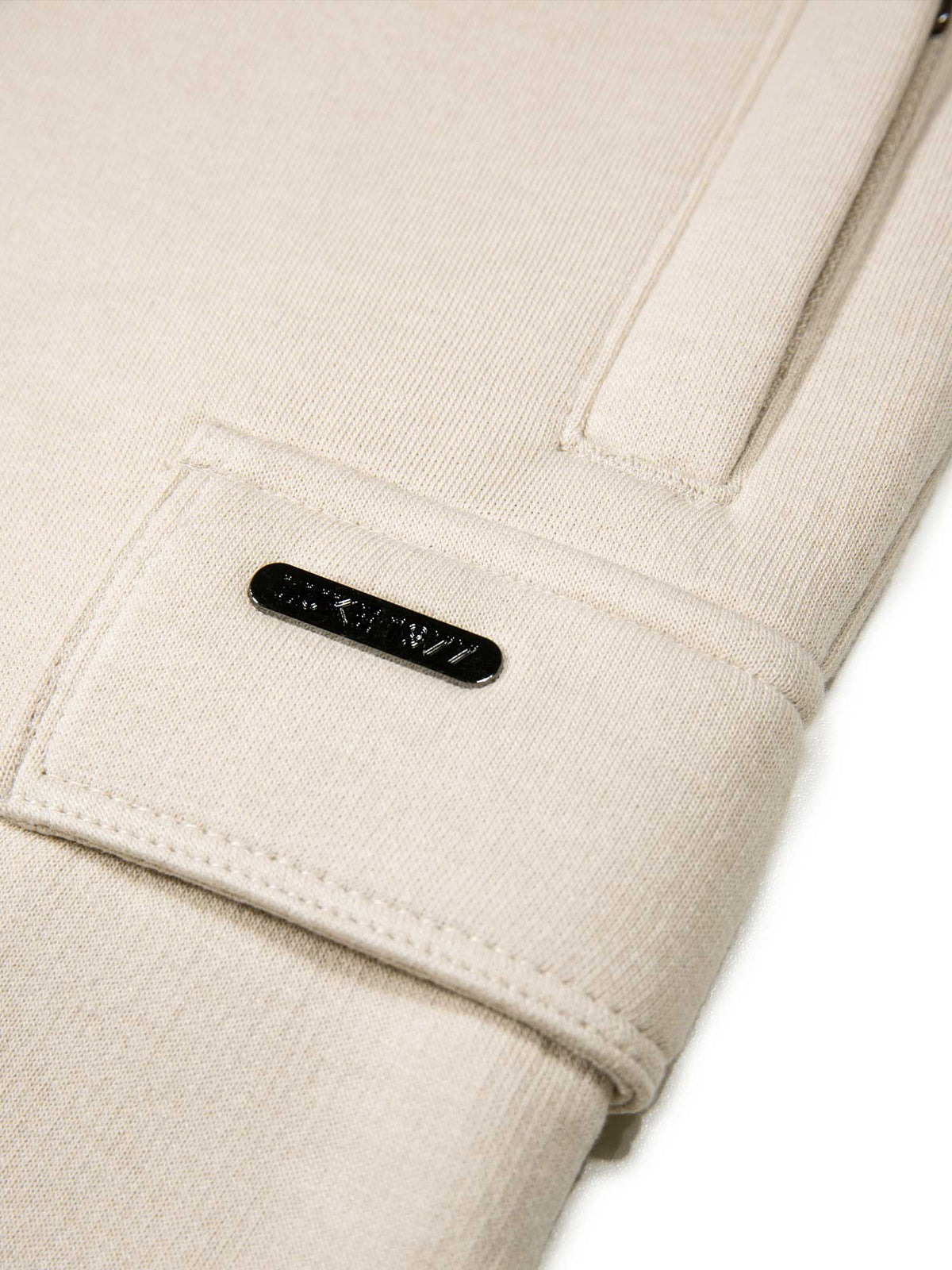 Men's beige shorts with elasticated waistband and cargo pockets.