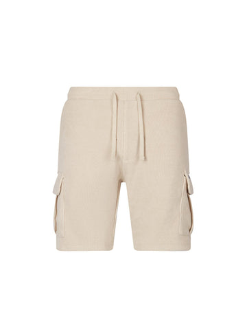 Men's beige shorts with drawstring waistband and cargo pockets, front view