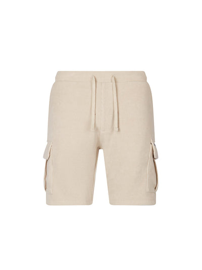 Men's beige shorts with drawstring waistband and cargo pockets, front view