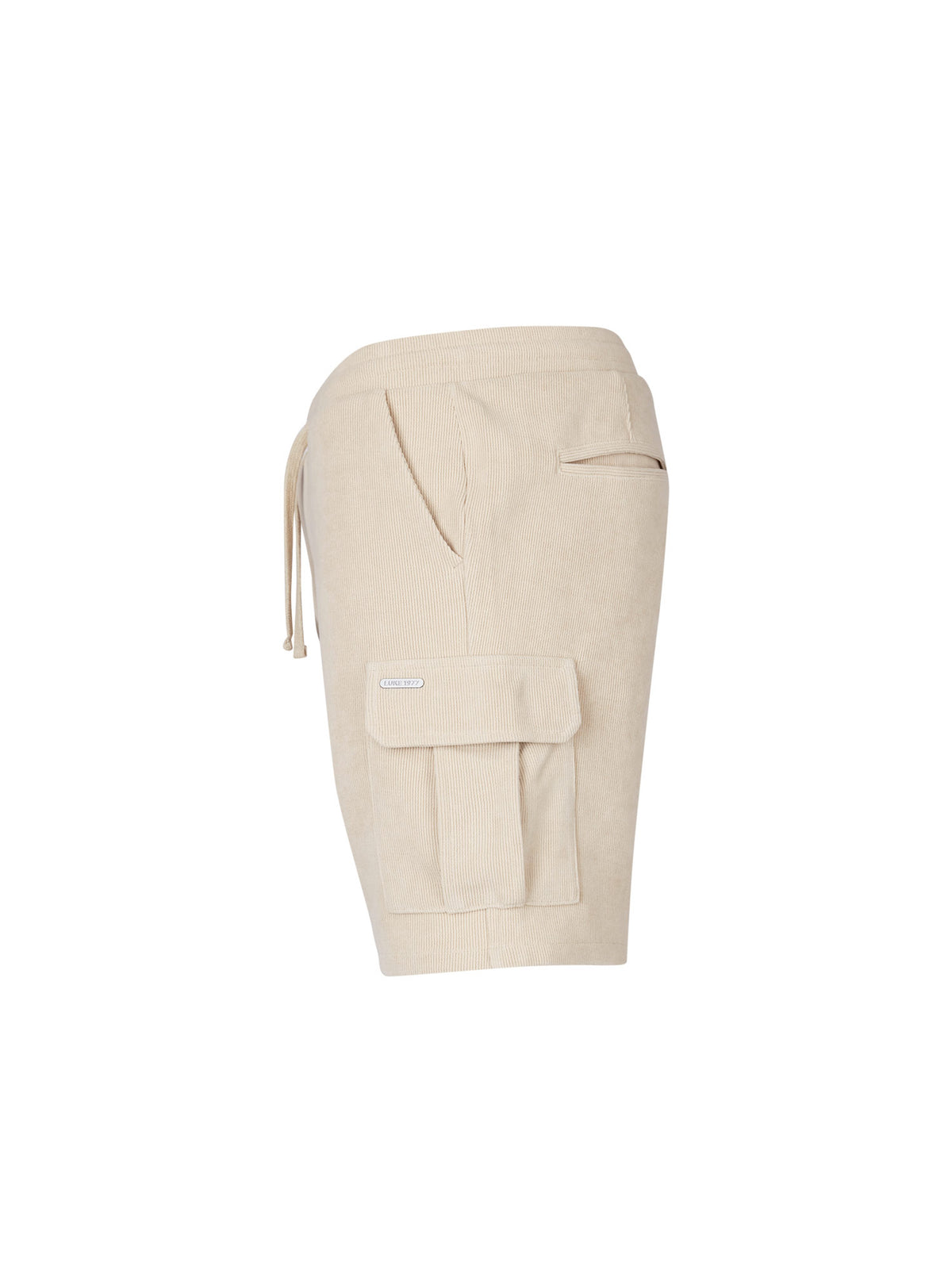 Men's beige shorts with drawstring waistband and cargo pockets, side view