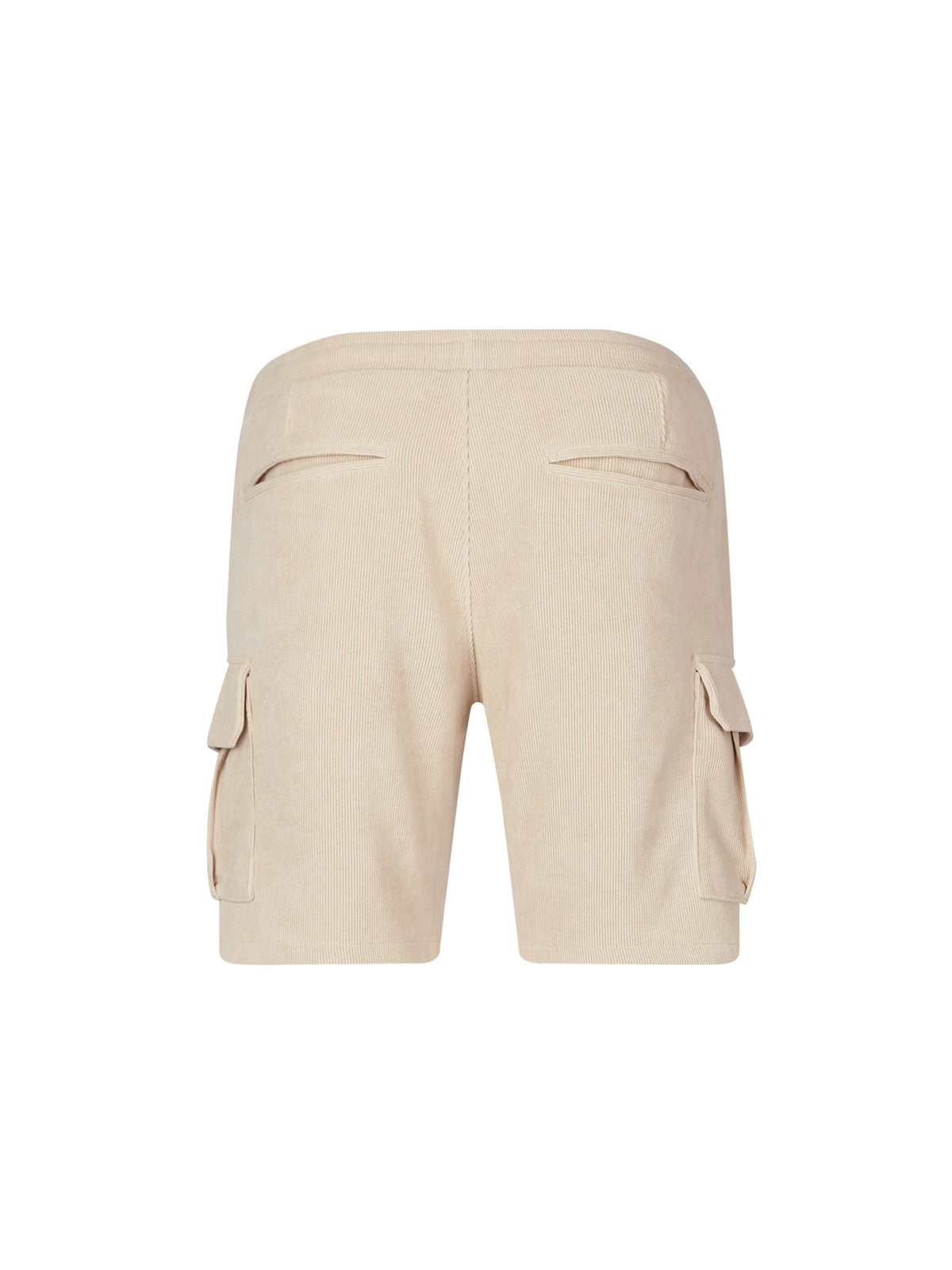 Men's beige shorts with drawstring waistband and cargo pockets, back view
