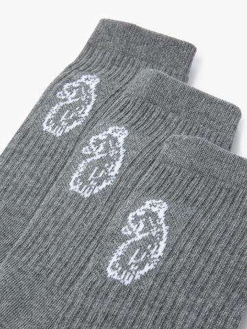 Close-up of white LUKE lion head embroidery on grey Champ socks