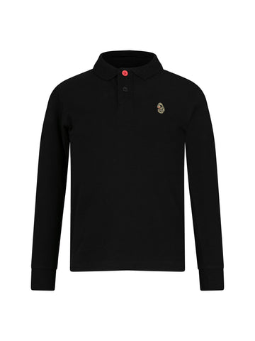 Boy's black long sleeved polo shirt, front view