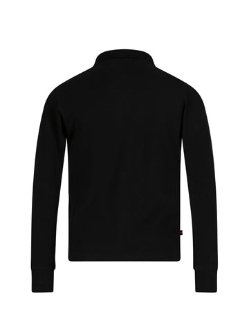Boy's black long sleeved polo shirt, back view