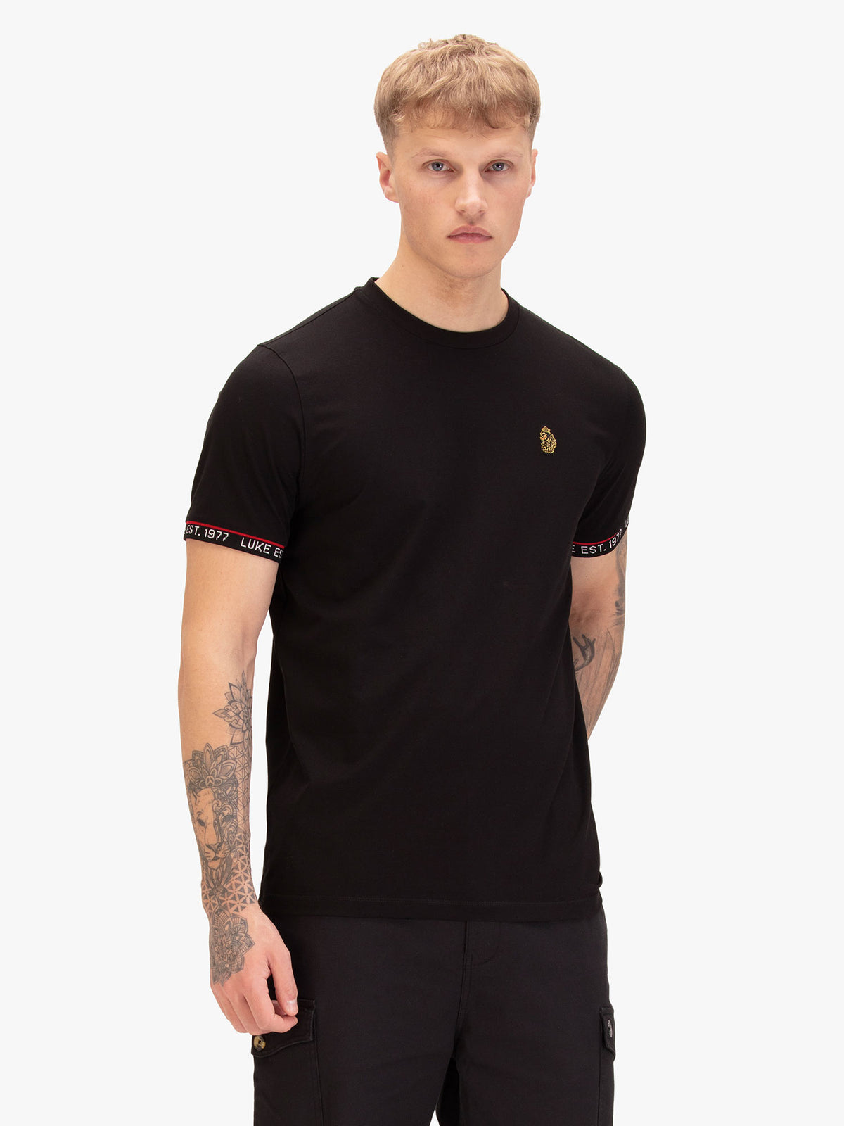 Men's black t-shirt with crew neck and short sleeves, worn by a model, front view