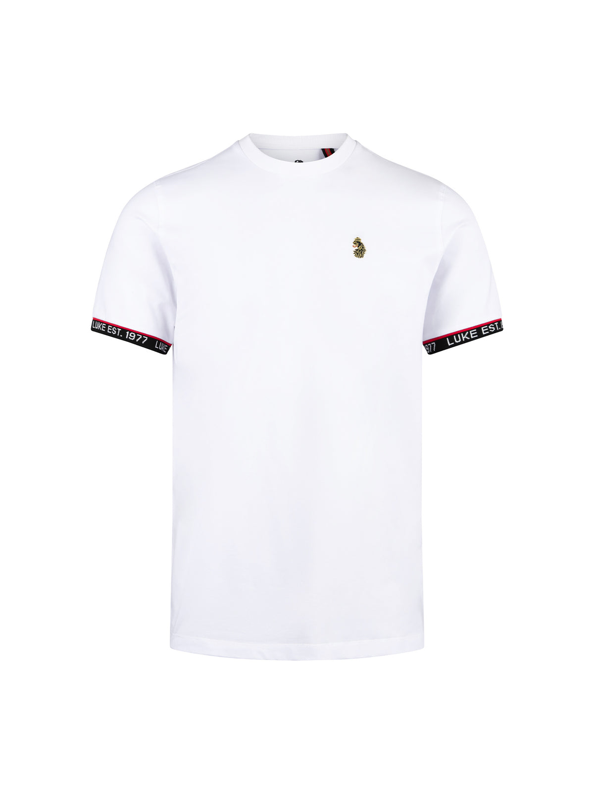 LUKE 1977 San Diego men's soft cotton t-shirt in white with lion head embroidery and striped cuffs