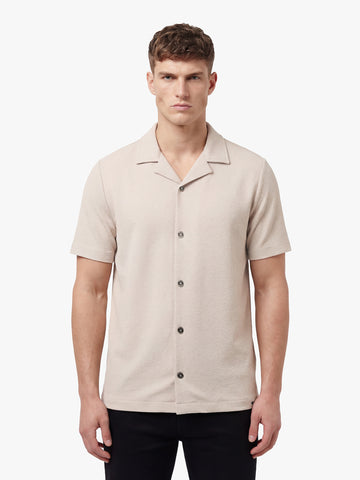 Men's beige shirt with Cuban collar and button-up front, front view