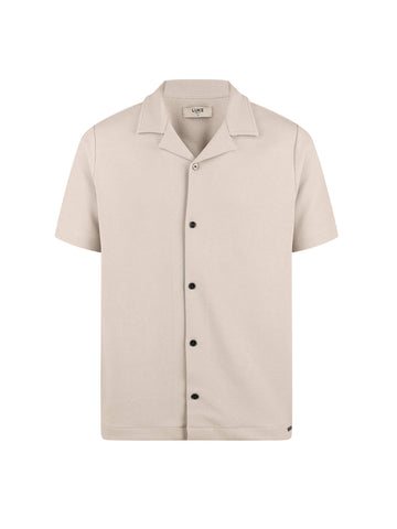 Men's beige shirt with Cuban collar and button-up front, front view