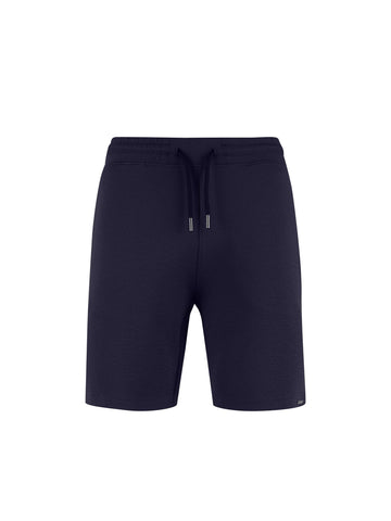 Men's navy shorts with drawstring waistband, front view
