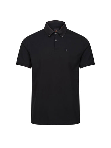 Men's black polo shirt with polo collar, front view