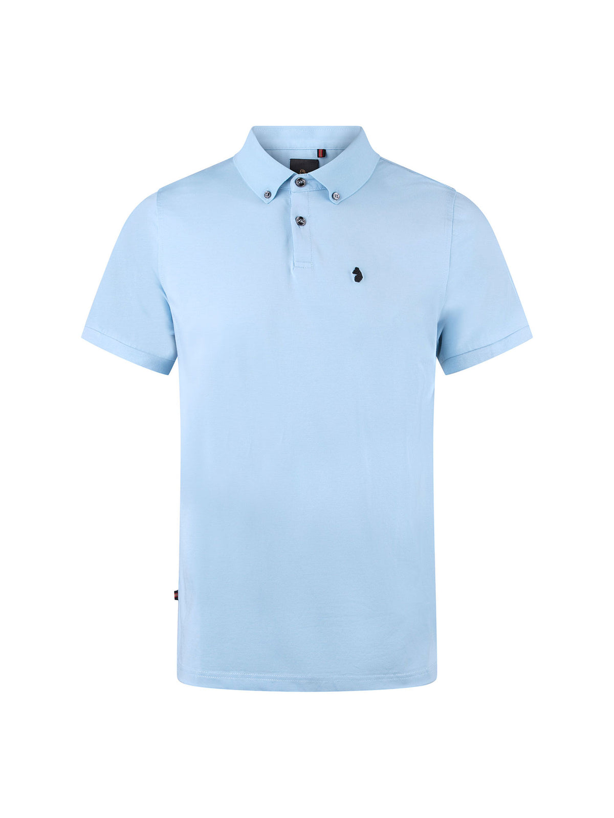 Men's blue polo shirt with polo collar, front view