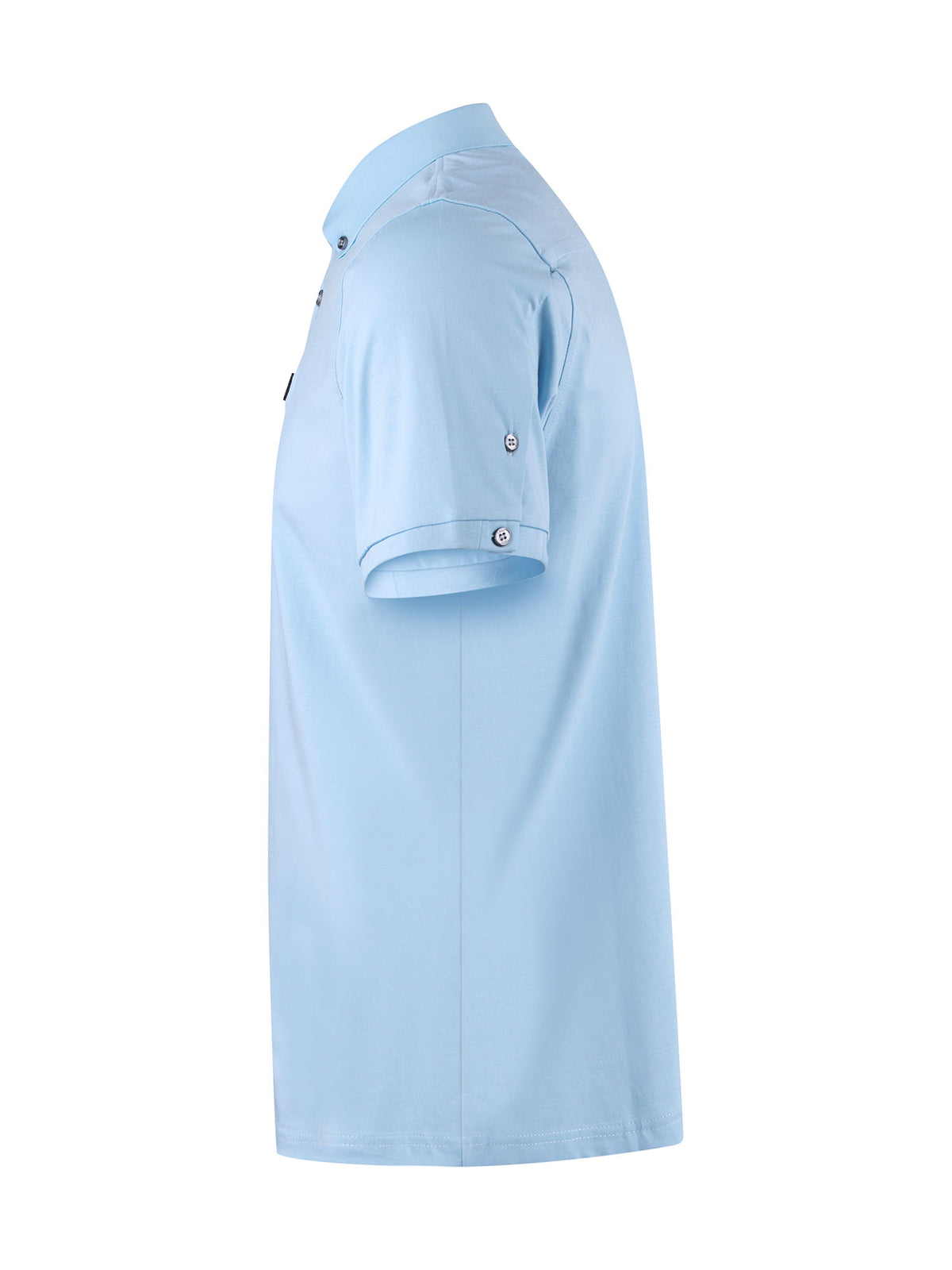 Men's blue polo shirt with polo collar, back view