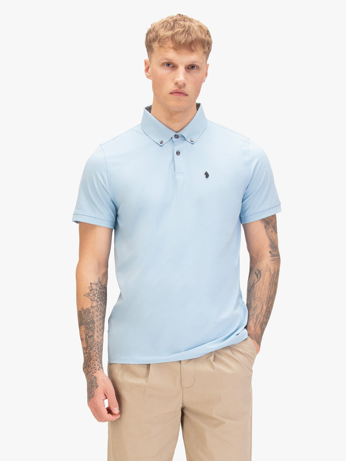 Men's blue polo shirt with polo collar, front view