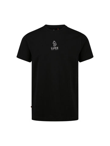 Men's black t-shirt with crew neck and short sleeves - front view.