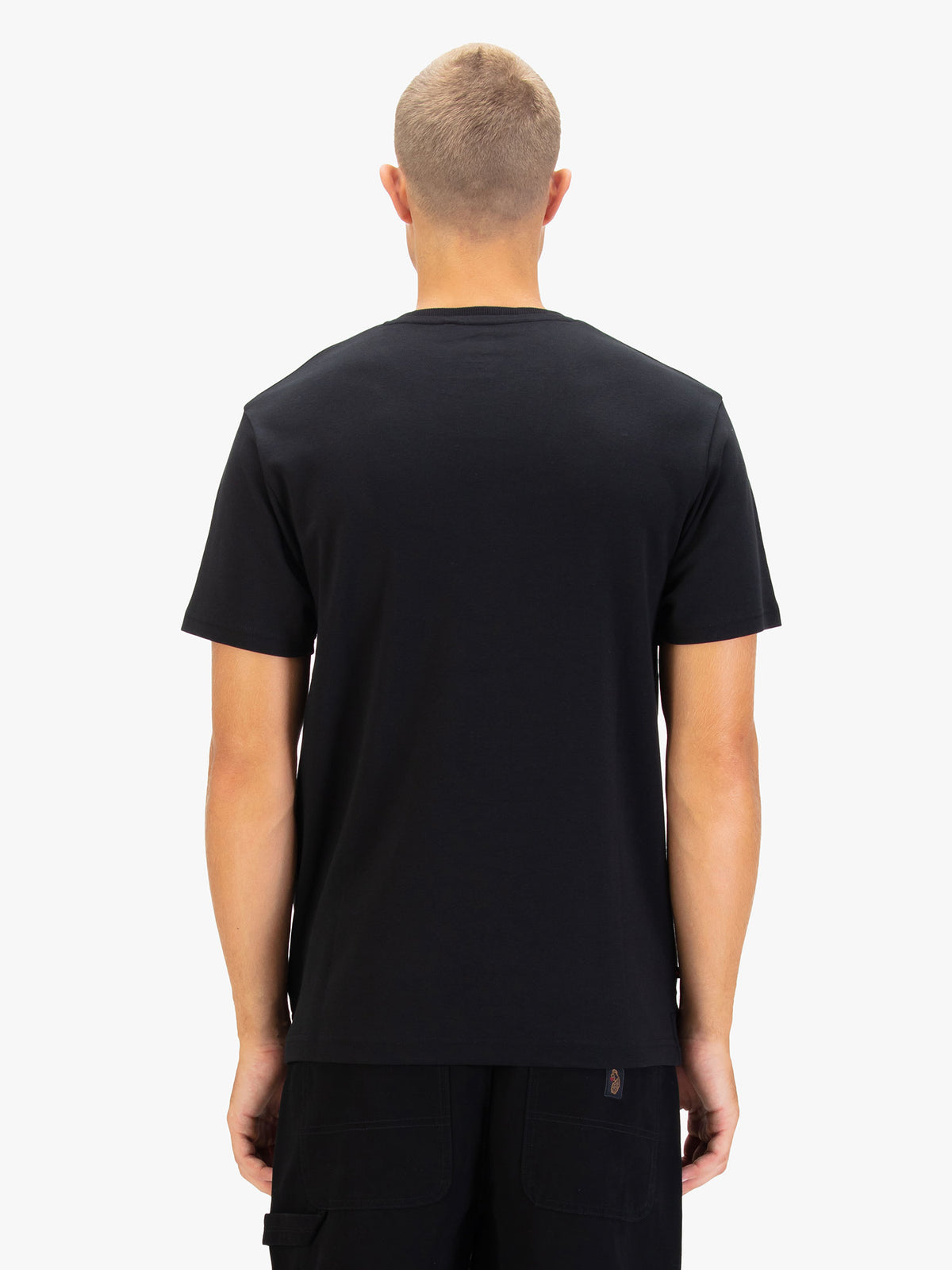 Men's black t-shirt with crew neck and short sleeves worn by a model - back view.