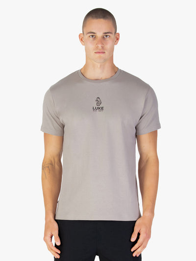 Men's grey t-shirt with crew neck and short sleeves worn by a model - front view.